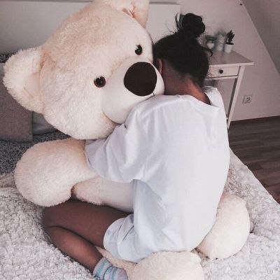 Large Teddy Bear, A Teddy Bear, A Woman, Teddy Bear, Bed, White