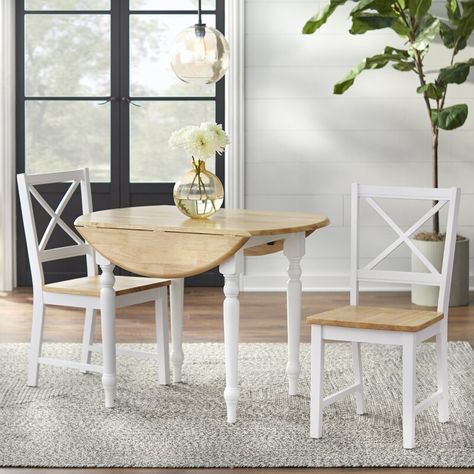 Longshore Tides Kinslow 3 - Piece Extendable Rubberwood Dining Set & Reviews | Wayfair Cross Back Dining Chairs, Set Meja Makan, 3 Piece Dining Set, Solid Wood Dining Set, Drop Leaf Dining Table, White Dining Chairs, 5 Piece Dining Set, Drop Leaf Table, Small Dining