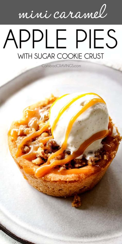 Mini Caramel Apple Pies with Sugar Cookie Crust + VIDEO (EASY, MAKE AHEAD) Mini Apple Pie Cups, Mini Apple Pie Desserts, What To Make With Mini Pie Crust, Apple Pie Recipe Mini Desserts, Apple Tarts Mini, Sugar Cookie Mini Pies, Apple Pie Sugar Cookies, Caramel Apple Tarts, Mini Caramel Apple Tarts