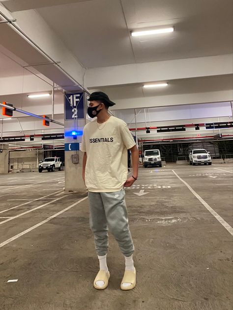 Streetwear, beige, nightlife, style, aesthetic Mens Yeezy Slide Outfit, Black Yeezy Slides Outfit For Men, Yezzy Outfits Men, Men Slides Outfit, Mens Chill Outfits, Chill Fits For Men, Chill Outfit Men, Yeezy Slides Outfit For Men, Slides Outfit Men