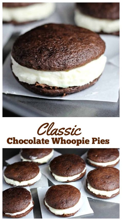 Classic Chocolate Whoopie pies are the ultimate treat!  Whoopie pies are delicious, whipped vanilla marshmallow frosting sandwiched between two decadent chocolate cookie cakes made with Dutch cocoa, with just the right touch of sweetness. These habit-forming pies will definitely make you shout, "Whoopie!" #whoopiepies #chocolatewhoopiepies #chocolatecookiepies #vanillamarshmallowfrosting #amishwhoopiepies #mainewhoopiepies Banana Whoopie Pies, Cake Mix Whoopie Pies, Maine Whoopie Pies, Whoopee Pie, Whoopie Pie Filling, Whoopie Pie Recipe, Chocolate Whoopie Pies, Dutch Cocoa, Pie Filling Recipes