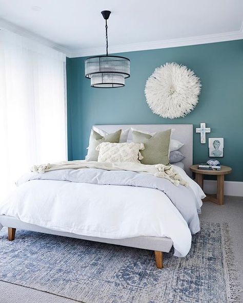 Teal Bedroom Walls, Modern Guest Bedroom, Port Melbourne, Feature Wall Bedroom, Teal Bedroom, Three Birds Renovations, Bedroom Wall Colors, Three Birds, Melbourne House