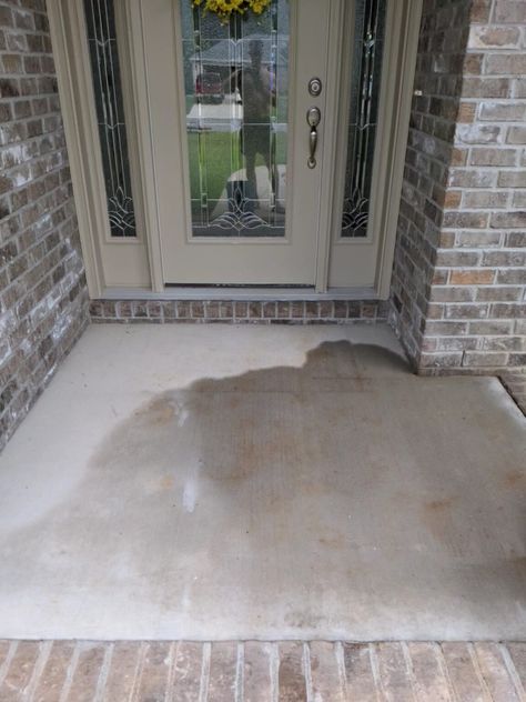 Front Porch Flooring Ideas Concrete, Front Concrete Porch Ideas, Concrete Entryway Front Porches, Update Concrete Porch, Staining Concrete Porch, Stain Concrete Porch, Front Porch Tile Over Concrete, Painted Front Porch Concrete, Cement Porch Ideas