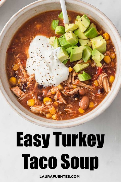 A super quick and hearty turkey taco soup made with beans, salsa, taco seasoning, and shredded roasted turkey. Turkey Taco Soup Recipe, Fiesta Soup, Taco Soup Recipe Crockpot, Turkey Taco Soup, Ground Turkey Chili, Turkey Taco, Shredded Turkey, Turkey Broth, Taco Soup Recipe