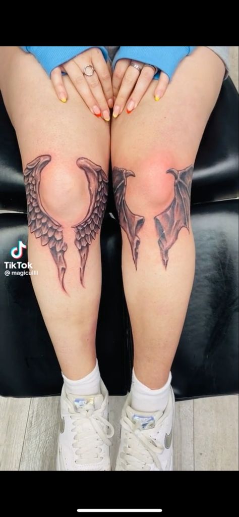 Bat Wings Under Knee Tattoo, Bat Wing Tattoo Knee, Bat Wings Tattoo Knee, Knee Wings Tattoo, Wings Under Knee Tattoo, Wings Knee Tattoo, Wing Knee Tattoo, Acotar Wings Tattoo, Crescent City Tattoo Ideas