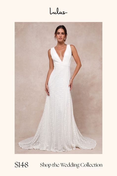 You'll be a stunning vision of perfection as you glide down the aisle in the Lulus Infinite Bliss Ivory Lace Sleeveless Backless Trumpet Maxi Dress! Gorgeous, sheer floral lace (atop a white knit liner) shapes this romantic dress that falls from wide straps into a plunging, subtle surplice neckline and a fitted bodice with an alluring open back design. The high waist sits atop a curve-flattering maxi skirt with a trumpet silhouette and a regal train at back. Crochet lace trim accents the straps, Casual Spring Wedding Dress, Form Fitting Wedding Dress Open Back, Corset Bodice Wedding Dress, Lulus Wedding Dress, Straight Wedding Dresses, Bodice Wedding Dress, Trumpet Silhouette, Dress With Train, Maxi Dress Sleeveless