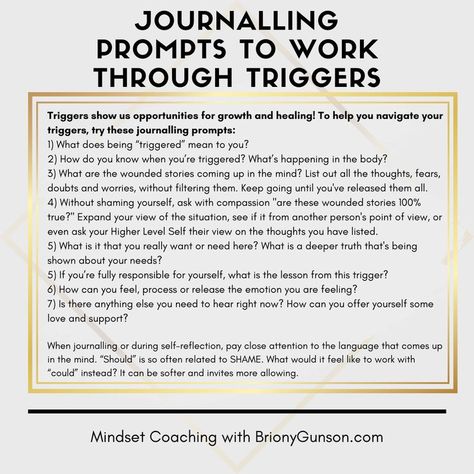 Journalling prompts to work through emotional triggers Recognizing Your Triggers, Triggers Journal Prompts, Healing From Triggers, Working Through Triggers, How To Work Through A Trigger, How To Identify Emotional Triggers, Trigger Journal Prompts, Journal Prompts For Triggers, Trigger Prompts