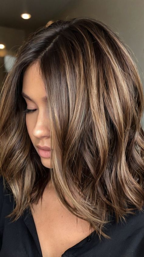 Fall hair colors dark Brown Hair With Mushroom Highlights, Hazel Eyes Hair Color Ideas, Brown With Lowlights, Dark Brown Ombre Hair, Highlights And Lowlights For Brunettes, Hair Color Medium Length, Dark Hair Fall, Hazel Eyes Hair Color, Hair Colors For Dark Hair