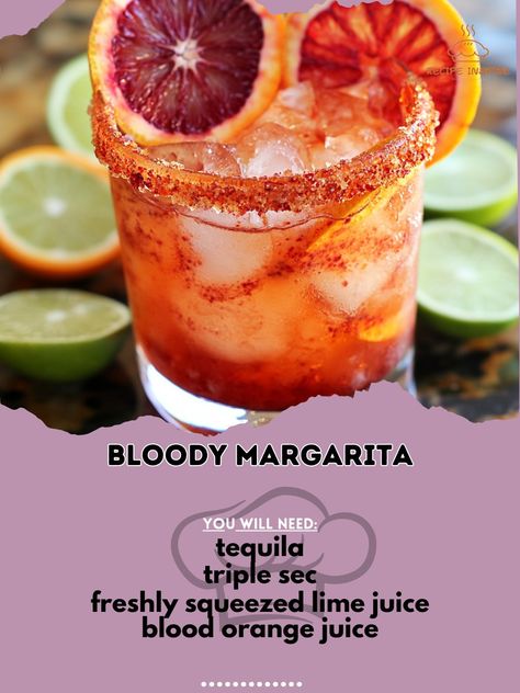 🍹🩸 Love margaritas with a spooky twist? Try the Bloody Margarita for a thrilling cocktail experience! 🩸🍹 Bloody Margarita Ingredients: - 2 oz tequila - 1 oz triple sec - 1 oz freshly squeezed lime juice - 1 oz blood orange juice - 1/2 oz grenadine - Ice - Salt (for rimming) - Lime wedge (for garnish) Instructions: 1. Rim a glass with salt. 2. Fill the glass with ice. 3. In a shaker, combine tequila, triple sec, lime juice, blood orange juice, and grenadine with ice. 4. Shake well and strai... Orange Margarita, Cocktail Experience, Blood Orange Margarita, Margarita Ingredients, Blood Orange Juice, Triple Sec, Lime Wedge, Blood Orange, Wedding Board