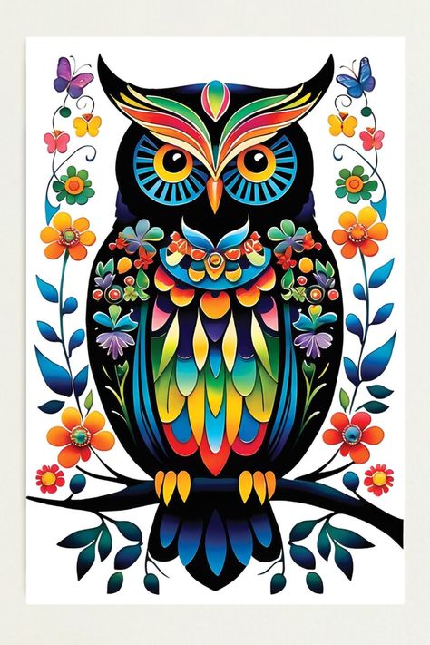 A Colorful and Floral Owl Illustration. Artwork by BelArte Store in Redbubble Owls Pictures, Valentines Rocks, Owl Drawing, Owl Coloring Pages, Owl Illustration, Owl Card, Posca Art, Colorful Owls, Owls Drawing