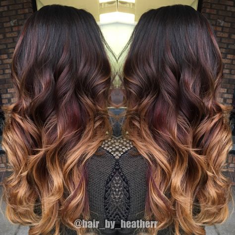 Dark chocolate to red to copper blonde ends! Beautiful balayage ombre! Dark Ombre Hair, Blonde Ends, Hair Color Chocolate, Brown Ombre Hair, Balayage Hair Dark, Balayage Ombre, Brunette Balayage Hair, Fall Hair Color For Brunettes, Balayage Brunette