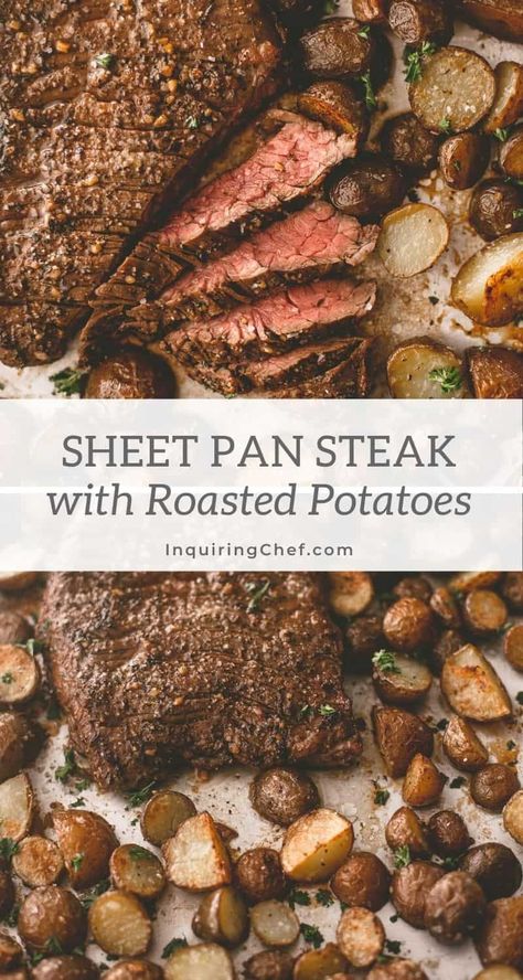 Sheet Pan Steak and Potatoes Sheet Pan Skirt Steak, Sheet Pan Steak And Potatoes, Steak Oven, Oven Baked Steak, Sheet Pan Steak, Skirt Steak Recipes, Steak In Oven, Parmesan Roasted Potatoes, Baked Steak