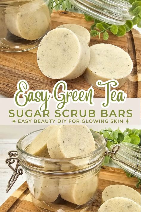 homemade green tea sugar scrub bars in a glass jar Sugar Scrub Bars Diy, Scrub Bars Diy, Diy Sugar Scrub Bars, Diy Sugar Scrub Cubes, Sugar Scrub Bars, Scrubs Diy, Scrub Bars, Homemade Scrubs, Diy Beauty Gifts