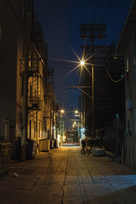 Los Angeles Alleyways Los Angeles Alleyway, Alleyways Aesthetic, Los Angeles Street Photography, Dark Alleyway, Places Aesthetic, Night Street Photography, Ninth House, Los Angeles Aesthetic, Los Angeles Street