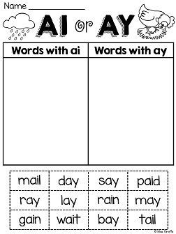 AI and AY Worksheets & Activities {NO PREP!} | Word Sorts, Phonics ... Vowel Teams Worksheets, Word Endings, Ee Words, Vowel Pairs, Ea Words, Word Sort, Blends Worksheets, First Grade Phonics, Vowel Team