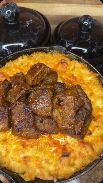 Daron B. on Instagram: "Garlic Butter Steak Bite Gouda Mac & Cheese Inspiration: My dawg!! @eatwitzo  2 Ribeye Steaks (Cubed)  Avocado Oil  Kosher Salt  White Pepper  Smoked Paprika  3 Garlic Cloves (Chopped)  2 Tablespooons of Butter Sear on each side for about 3 minutes each, add fresh garlic and then the butter.  2 Tablespoons of Butter 2 Tablespoons of AP Flour  1 Tablespoon of Kosher Salt  2 Teaspoons of Garlic & Onion Powder  1 Tablespoon of Smoked Paprika  2 Teaspoons of White Pepper  1 cup of Mozzarella  1 Cup of Gouda  2 Cups of Elbow Noodles. #daronthechef #foodie #steak." Cubed Steaks, Elbow Noodles, Smoked Mac And Cheese, Cubed Steak, Butter Steak, White Instagram, Garlic Butter Steak, Steak Bites, Steak Recipe