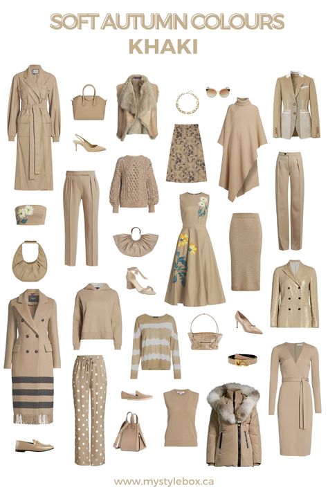 SOFT AUTUMN COLOURS KHAKI Khaki Color Palette Fashion, Autumn Color Palette Summer Outfits, Soft Autumn Swimwear, Soft Autumn Romantic, Soft Autumn Color Combinations, Soft Autumn Outfit Ideas, Soft Autumn Capsule, Soft Autumn Outfits Capsule Wardrobe, Soft Autumn Clothes