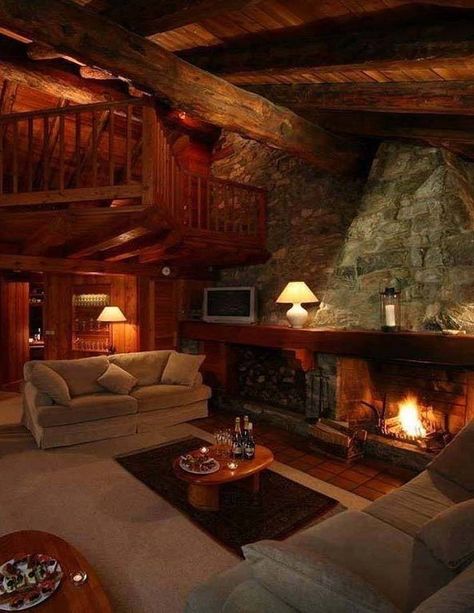 Warm Living Room, My Dream Come True, Cabin Fireplace, Black Brick Wall, Log Cabin Living, Log Cabin Interior, Dream Cabin, Log Cabin Ideas, Rustic Living Room Furniture