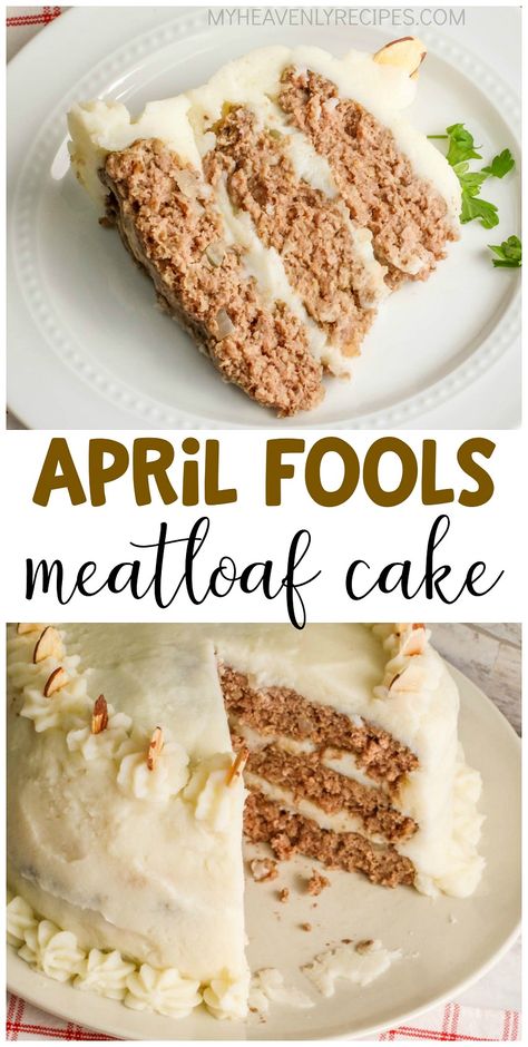 April Fools Meatloaf Cake Prank- fun food idea for the kids or your family members! Easy meatloaf dinner that looks like a buttercream cake haha! Funny idea. Kids dinner idea with mashed potato frosting. Wacky Dinner Ideas, Meatloaf Cake Mashed Potatoes, April Fools Food Dinners, Funny Dinner Ideas, April Fools Dinner Ideas, April Dinner Ideas, Birthday Dinner Ideas Family, Meat Birthday Cake, April Fools Dinner