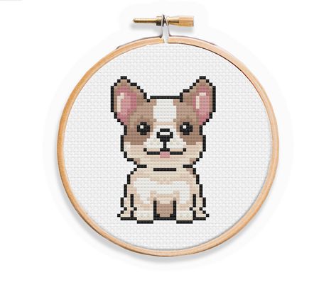 Easy Cross Stitch Patterns, Cute Cross Stitch, Simple Cross Stitch, Dog Pattern, Fuse Beads, Alpha Patterns, Le Point, Counted Cross Stitch, French Bulldog