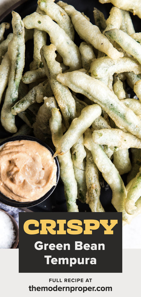 tempura green beans with curry mayonnaise on a platter Tempura Green Beans, Vegetable Sides Dishes, Dilly Beans, Modern Proper, The Modern Proper, Tempura Batter, Beans Curry, Sides Dishes, Shrimp And Asparagus