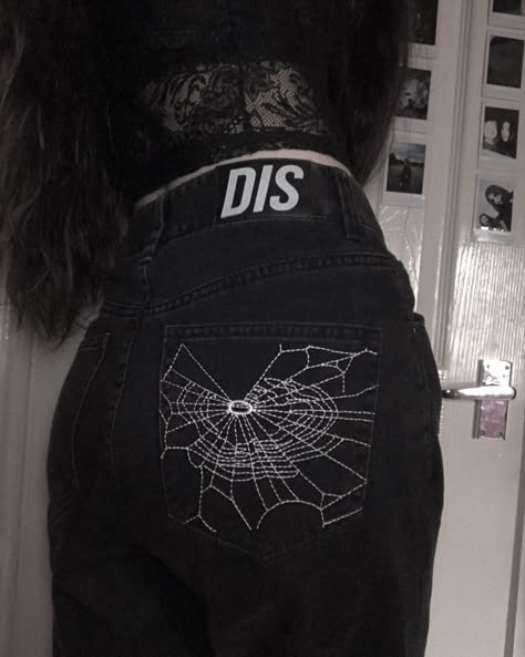 Diy Clothes Upcycle Goth, Jean Embroidery Grunge, Goth Jeans Diy, Alt Jeans Diy, Alt Embroidery Ideas, Goth Clothing Diy, Goth Sewing Projects, Goth Upcycle, Embroidery Alternative