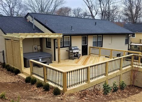 Floating Deck On Slope, Lake Landscaping, Garden Decoration Ideas, Sloped Yard, Floating Deck, Sloped Backyard, Deck Designs Backyard, Wood Stains, Decoration Garden