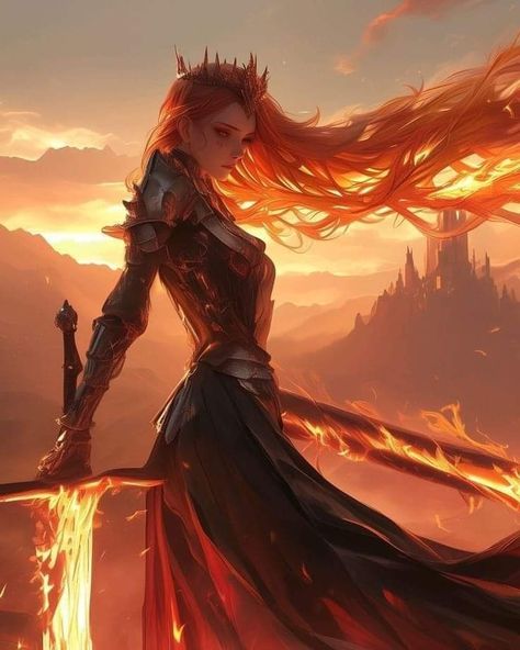 Fire Princess Fantasy Art, Angry Character Art, Fire Queen Art, Fire Oc Character, Fire Warrior Fantasy Art, Fire Woman Art, Red Hair Fantasy Art, Anime Queen Art, Fire Magic Art