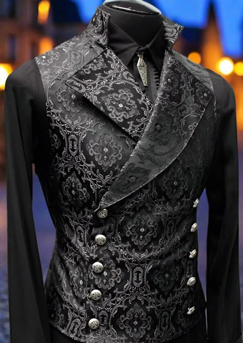 Shrine of Hollywood CAVALIER VEST - BLACK EDWARDIAN BROCADE black brocade double breasted edwardian Men's Vests Prince Outfits Aesthetic, Victorian Outfit Men, Labyrinth Masquerade, Gothic Suit, Kingdom Marriage, Cloth Reference, Fancy Suits, Red Kingdom, Custom Canes