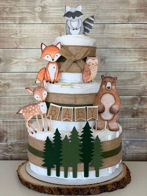 Fox Balloon, Woodland Diaper Cake, Gateau Baby Shower Garcon, Woodland Forest Baby Shower, Welcome Baby Banner, Woodland Creatures Baby Shower, Forest Animal Baby Shower, Gateau Baby Shower, Ribbon Cake