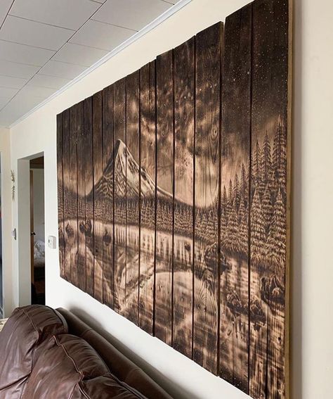 Wood Burn Mountain Scene, Wood Burned Cabinets, Wood Burned Mountains, Wood Burning Mountain Scene, Wood Burning Wall Art, Laser Burning Ideas, Wood Burned Frames, Wood Etching, Wood Slice Decor