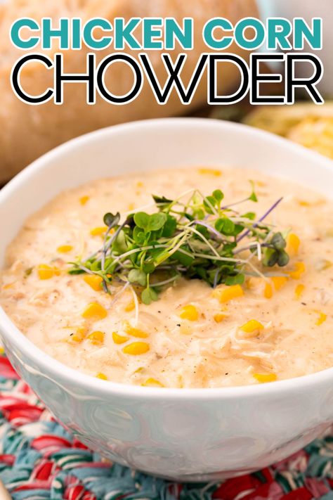 This thick and hearty Chicken Corn Chowder recipe is loaded with flavor and creamy goodness for a deliciously comforting meal! #ThingsIWantToEat #chicken #corn #chowder #cornchowder #comfortfood #soup Chicken Corn Chowder Recipe, Corn Chowder Soup, Bread Booze Bacon, Chicken Corn Chowder, Chicken Corn, Corn Chowder Recipe, Chowder Soup, Chicken Recipies, Hearty Chicken