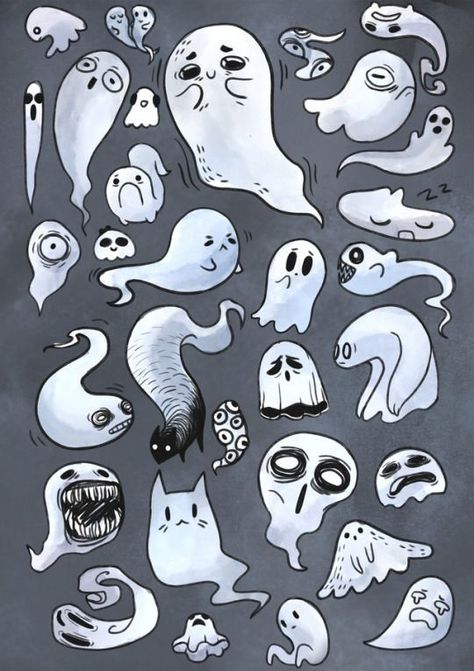 Cute Ghost Art Aesthetic, Different Types Of Ghosts Drawing, Cartoon Ghosts Drawing, Ghost How To Draw, Ghost Chibi Art, Basic Ghost Drawing, Cool Ghost Drawing, Aesthetic Ghost Tattoo, Ghost Sketch Cute