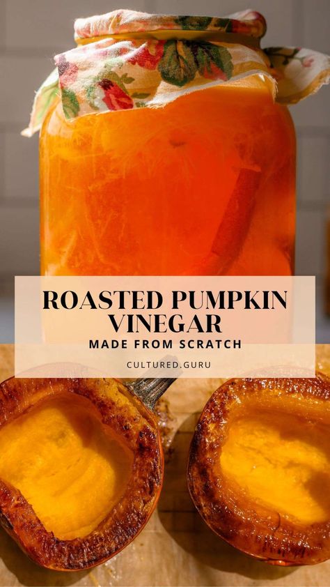 My seasonal roasted pumpkin vinegar recipe requires only four ingredients: roasted pumpkin, sugar, raw vinegar for a starter culture, and water. This is the perfect recipe to use up some extra pumpkins in the fall. #pumpkin #vinegar Pumpkin Vinegar, Pumpkin Wine, Green Tomato Recipes, Pumpkin Varieties, Raw Apple Cider Vinegar, Gut Health Recipes, Fermented Vegetables, Roasted Pumpkin, How To Make Pumpkin