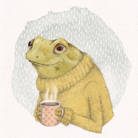 A little green frog zoning out as he drinks his first coffee of the day. Animals Drinking Coffee, Frog Drinking Coffee, Drinking Coffee Illustration, Frog Illustration, Coffee Illustration, Frog Art, Green Frog, First Coffee, Drinking Coffee