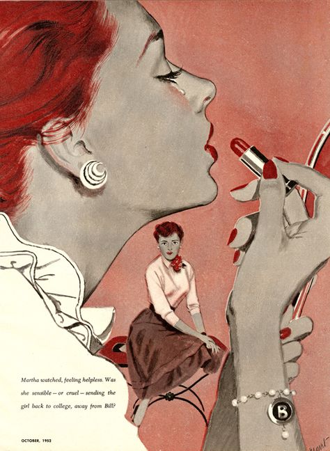 Martha watched Applying Lipstick, Vintage Illustration Art, How To Apply Lipstick, Pulp Art, Arte Sketchbook, Ethereal Art, Pin Up Art, Vintage Pinup, Photoshoot Inspiration