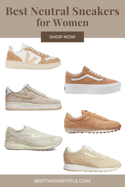 These are the best neutral sneakers for women that work with almost any outfit. From brands like Nike, New Balance, Veja, Reebok, Adidas, and Vans, you’ll find a range of neutral colors (like whites, grays, ecru, cream, beige, tan, and browns) and styles that suit your taste. #streetwear #athleisure #streetstyle #streetchic Neutral Vans Shoes, Tan Trainers Outfit, Cream Sneakers Outfit, Tan Sneakers Outfit, Brown Sneakers Outfit Women's, Beige Sneakers Outfit, Neutral Sneakers Women, Tan Tennis Shoes, Neutral Sneakers