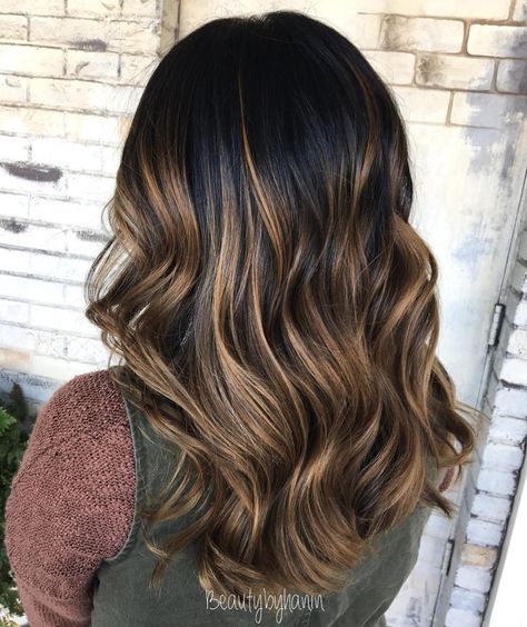 Light Golden Brown Balayage with Black Crown Golden Brown Balayage On Black Hair, Golden Balayage On Black Hair, Light Golden Brown Balayage, Brown Carmel Highlights, Cool Hair Tones, Chocolate Brown Hair Colour, Golden Brown Balayage, Chocolate Brown Hair Ideas, Light Brown Hair Color Ideas