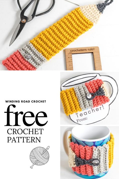 Crochet Mug Cozy Christmas, Teacher Crochet Patterns, Crochet For Teachers Gift, Crochet Teacher Appreciation Gifts, Pencil Crochet Pattern, Hygge Crochet, Quick And Easy Crochet Projects, Pencil Crochet, Crochet Teacher