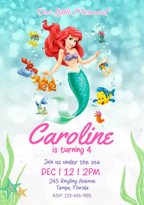 Little Mermaid Birthday Invitations, Mermaid Birthday Invitations Free, Little Mermaid Invitations, Mermaid Party Invitations, Mermaid Birthday Party Invitations, Ariel Birthday, Birthday Mermaid, Mermaid Invitations, Mermaid Birthday Invitations