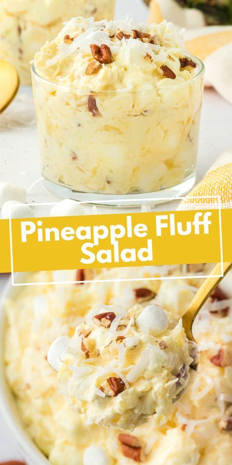 Ready to wow your friends and family? Pineapple fluff is a no-bake recipe that comes together in just 3 easy steps with 6 ingredients. When you follow this easy recipe, you'll be the star of your family gatherings! Pineapple Cheesecake Fluff, Pineapple Fluff Recipe Cool Whip, Fluff Desserts Cool Whip, Lemon Fluff Dessert, Peanut Butter Fluff, Fluff Recipes, Sweet Salads, Pineapple Fluff, Pineapple Dessert