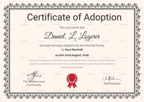 Adoption Certificate Template, Fake Birth Certificate, Pet Adoption Certificate, Adoption Papers, Certificate Of Achievement Template, Birth Certificate Template, Certificate Design Template, Awards Certificates Template, Adoption Certificate