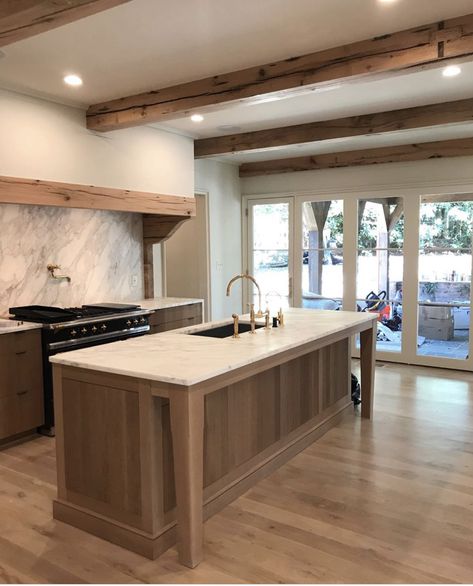 Range Hood With Wood Beam, Kitchen Island Natural Wood, Kitchen Beams Ceiling, Kitchen With Beams On Ceiling, Ski Lodge Kitchen, Basement Island, Kitchen Wood Beams, Wood Island Kitchen, Beams In Kitchen