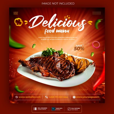 Contact for “Professional Design Service” +923411299279 (whatsapp) Food social media promotion and instagram banner post design template Free Psd #freepik #creative #food #restaurant #delivery #banner #post #template Food Social Media, Food Logo Design Inspiration, Restaurant Social Media, Food Cart Design, Food Banner, Instagram Banner, Social Media Promotion, Food Backgrounds, Social Media Banner