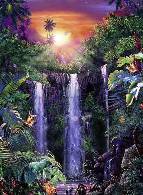 Waterfall Tattoo, Magical Waterfall, Jungle Tattoo, Jungle Animal Art, Scene Tattoo, Jungle Painting, Waterfall Paintings, Scene Drawing, Forest Wall Mural