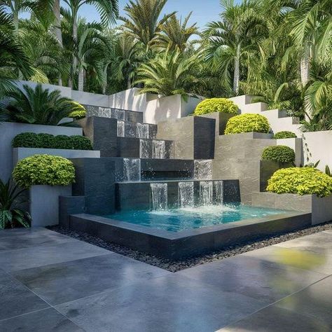 Modern Garden Design Ideas, Landscape Stairs, Small Japanese Garden, Landscape Architecture Drawing, Artistic Elements, Modern Backyard Landscaping, Fountain Design, Backyard Water Feature, Backyard Pavilion