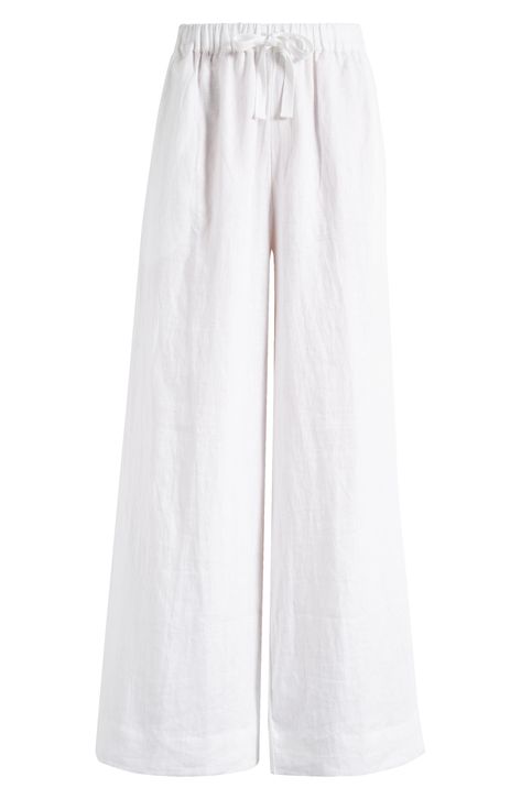 An elasticized drawstring waist comfortably tops these flowy wide-leg pants made from lightweight linen designed to get softer with each wear. Elastic/drawstring waist 100% linen Hand wash, dry flat Imported White Summer Pants, White Flowy Pants, Linen Pants White, Navy Linen Pants, Flowy Wide Leg Pants, White Linen Pants, Mini Collection, Navy Linen, Flowy Pants