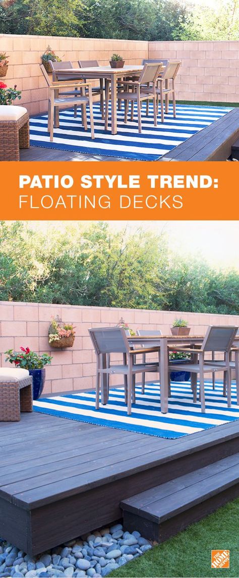 A floating or freestanding deck can add visual appeal to your backyard as well as increasing the space available for outdoor dining, entertaining or just relaxing outside. For more inspiration and how-to, check out The Home Depot Blog. Floating Decks, Pergola Cover, Building A Floating Deck, Pergola Diy, Cheap Pergola, Floating Deck, Patio Style, Outside Living, Pergola Plans