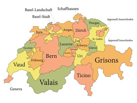 Swiss cantons map Best Places In Switzerland, Language Map, St. Gallen, Places In Switzerland, Swiss Travel, Lake Zurich, Landlocked Country, France Italy, Lake Geneva