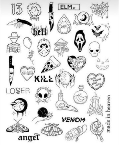 Patchwork Outline Tattoo, Small Edgy Tattoo Ideas, Alt Small Tattoos, 9 Movie Tim Burton Tattoo, Tattoo Ideas Female Emo, Patchwork Tattoo Ideas Thigh, Lil Mushroom Tattoo, Goth Patch Work Tattoos, Emo Patchwork Tattoos